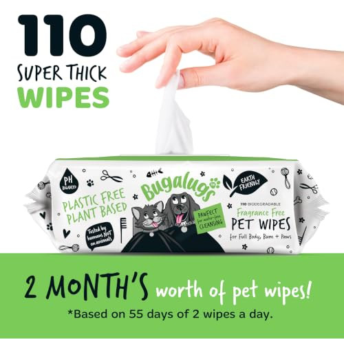 Bugalugs Dog Wipes 100% Plastic Biodegradable Pet Wipes For Full Body Eye Wipes Ear Wipes Bum and Paws 110 Sensitive Dog Grooming Wipes For Dogs Puppy and Cat Grooming Fragrance