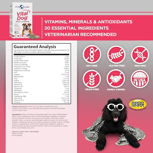 Vital Planet Vital Dog Multi Vitamin Chewable Tablet Supplement For Everyday Health With Vitamins Minerals And Antioxidants For Dogs 30 Beef Flavored Chewable Tablets