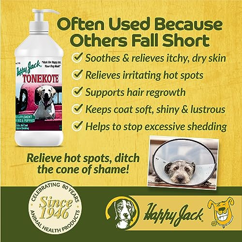 Happy Jack Tonekote Dog Skin and Coat Supplement Oil For Dogs With Essential Fatty Acids and Vitamins For Itch Relief Hot Spots Dull Coat Dry Skin Excessive Shedding 16 Oz