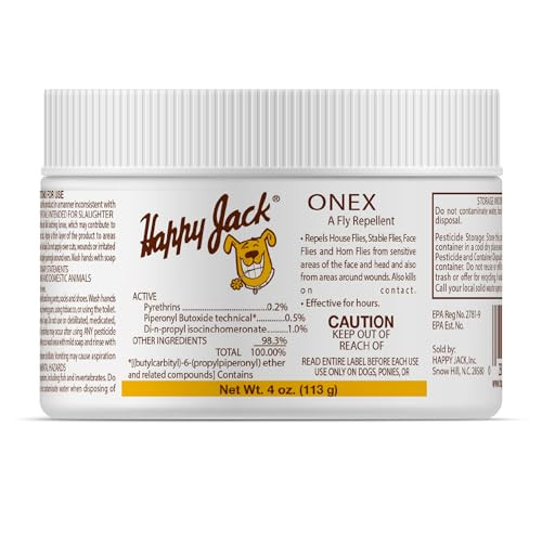 Happy Jack Onex Fly Repellent Ointment 4 Oz Fly Repellent Treatment Repels House Flies Stable Flies Horn Flies and Face Flies For Dogs and Horses Kills On Contact