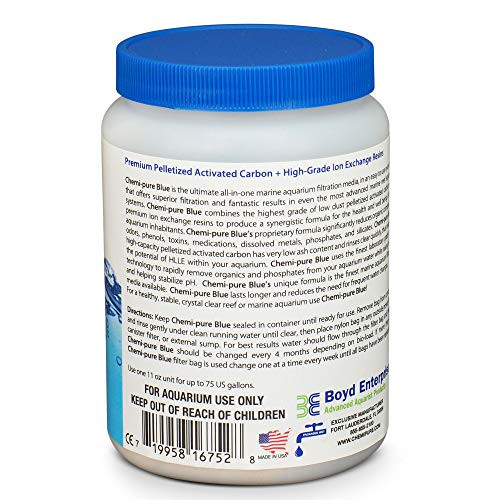 Boyd Enterprises Chemi Pure Blue 11 Oz Aquarium Filtration Media Premium Extruded Carbon + Ion Exchange Resins In Nylon Bag Clears Toxins Phosphates and Metals