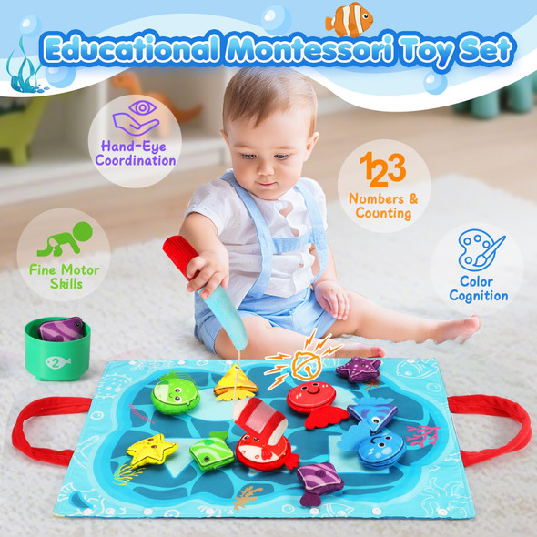 Urmywo Montessori Toys For 1 Year Old Boy Girl Birthday 17 In 1 Cloth Fishing Game With Stacking Cups Color Sorting Shape Matching Early Learning Toddler Toys Gifts For 1 2 Years Old Boy Girl