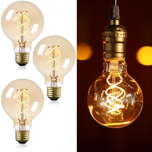 Torchstar G25 Led Globe Light Bulbs Amber Etl Listed Dimmable Spiral Filament Led Bulb 45W E26 Base Vintage Edison Light Bulb 2000K Amber Light Pack Of 3