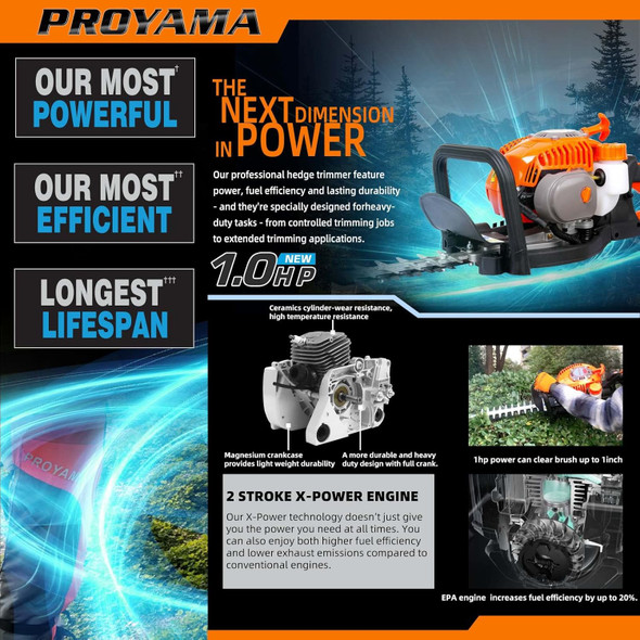 PROYAMA 24-Inch 26cc 2 Cycle Gas Powered Dual Sided Hedge Trimmer with Rotating Handle 2-Year  Less Weight Less Fatigue Suitable for Gardener Professional Landscaper Home User