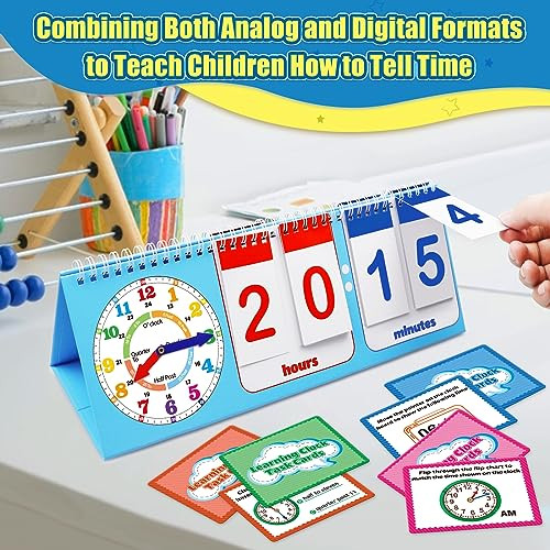Torlam Learning Clock Flip Chart Colorful Analog and Digital Telling Time Teaching Clock For Kids Math Manipulatives 1St 2Nd Grade Homeschool Supplies Kindergarten Preschool Learning Activities Games