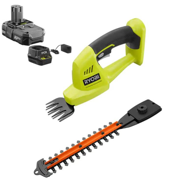 RYOBI ONE+ 18-Volt Lithium-Ion Cordless Grass Shear and Shrubber Trimmer - 1.3 Ah Battery and Charger Included RYOBI ONE+ 18-Volt Lithium-Ion Cordless Grass Shear and Shrubber Trimmer - 1.3 Ah Battery and Charger Included