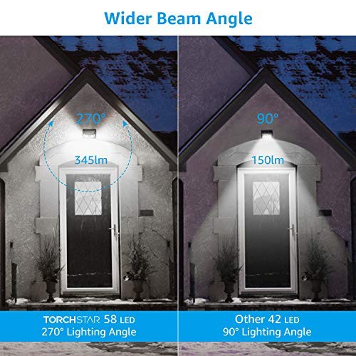 Torchstar 58 Led Solar Powered Security Light 4 Modes Cordless Motion Sensor Dusk To Dawn Light 270 Beam Angle Ip65 Waterproof For Yard Garage Porch 6500K Pure White Pack Of 4