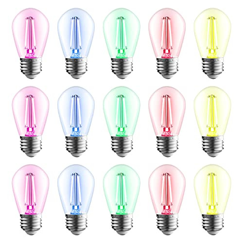 Torchstar 15Pack S14 Colored Led String Light Bulbs 12W E26 Base NonDimmable Outdoor Filament Bulbs 110V Shatterproof Replacement Bulb Ip65 Waterproof Etl Listed