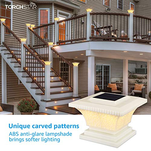 Torchstar Solar Post Lights Outdoor Led Fence Cap Light Fits 4X4 6X6 Posts Patio Deck Garden Decoration Soft White 360 Beam Angle Ip65 Waterproof Creamy White Finish 5X5 Pack Of 2