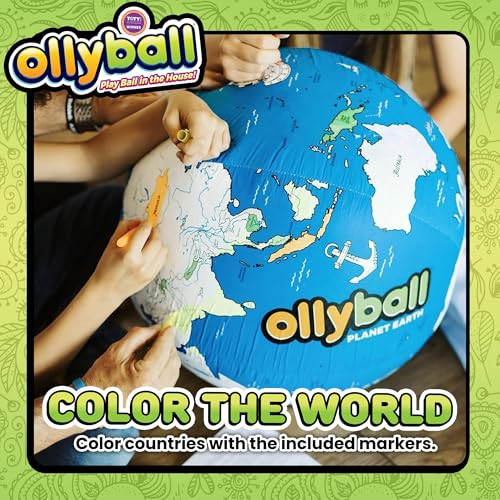 Ollyball Planet Earth 22 Mega Large Bouncy Ball For Kids Indoor And Outdoor Play Giant Inflatable Ball For Exercise Steam Accredited Colorable World Map With 24Page Lesson Plan