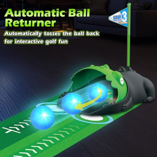 Terramus 3 In 1 Kids Golf Set With Dinosaur Automatic Golf Returner Golf Cornhole Board Led Light Up Balls Putting Mat 38 Toddler Mini Golf Games Indoor Outdoor Golf Toys For Boys Girls 3+