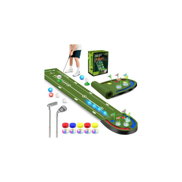 Terramus Upgraded Golf Putting Mat For Kids 78 Ft Putting Green With Led Light Up Holes Glowing Balls 2 Clubs Toy Golf Game Set Golfing Mats Indoor Outdoor Sport Golf For Kids Teens Family