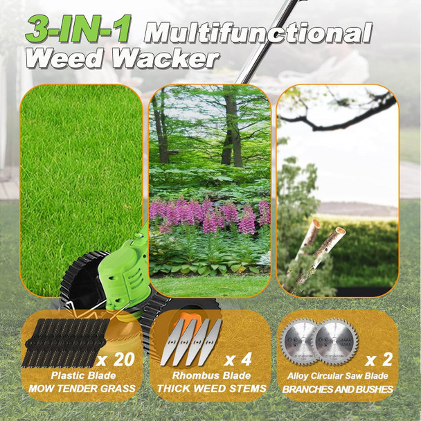 Cordless Weed Wacker Battery Powered, 3-in-1 Electric Weed Eater Grass Trimmer with 2 x 21V 2.0Ah Battery 3 Types 26 Blades, No String Push Brush Cutter Lightweight Edger Lawn Tool for Garden and Yard