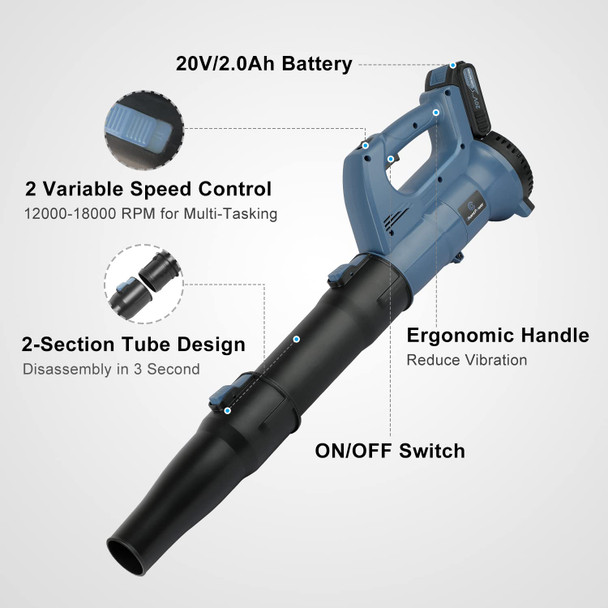 Cordless Leaf Blower, 20V Lawn Blower with 2 Batteries, Dual-Speed Settings, Quick Installation and 2-Section Tube Design, Charger Included, C P CHANTPOWER