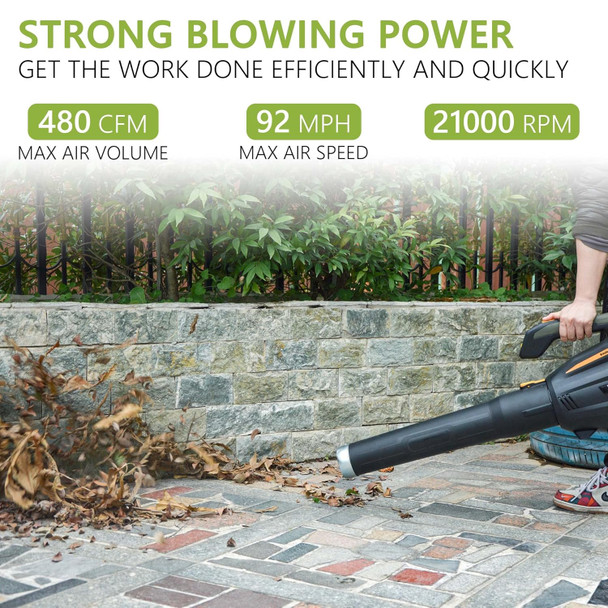 Diivoo Cordless Leaf Blower with 40 V Brushless Motor, 480-CFM/92-MPH Lightweight, Handheld, 2.5 Ah Battery-Powered Blower for Patios and Yards
