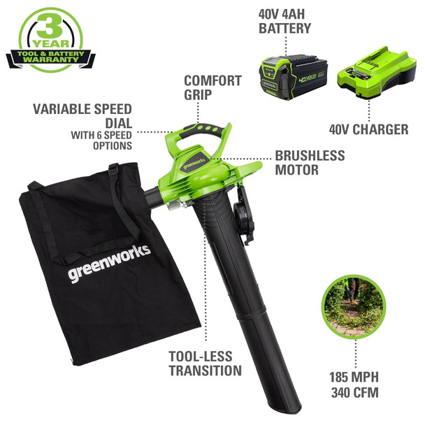Greenworks 40V (185 MPH) Brushless Cordless Blower / Vacuum with GK0A00 Universal Gutter Kit