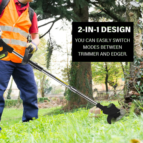 HUDAEN Cordless Grass Trimmer Weed Wacker, 3-in-1 String Trimmer Lawn Edger with 21V 2Ah Li-ion Battery for Garden and Yard with Wheel, Lightweight Adjustable Height Weed Eater Tool(Black)