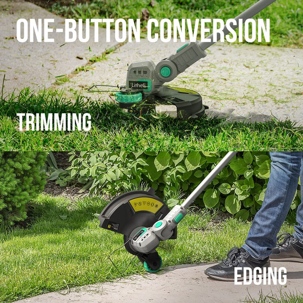 Litheli 20V 12" Cordless String Trimmer & Wheeled Edger, Battery Powered, Automatic Line Feed, 2.0Ah Battery and Charger for Lawn Trimming and Edging Litheli 20V 12" Cordless String Trimmer & Wheeled Edger, Battery Powered, Automatic Line Feed, 2.0Ah Battery and Charger for Lawn Trimming and Edging