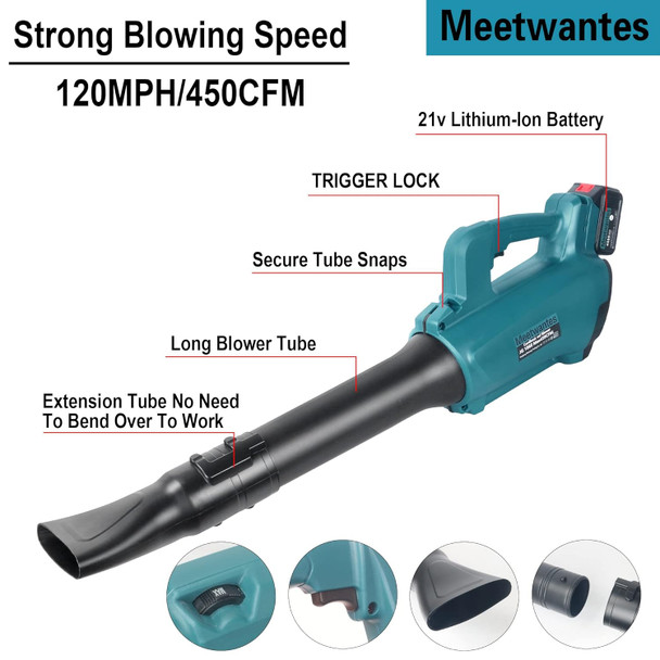 Meetwantes Cordless Leaf Blower with Battery and Charger 450CFM 120MPH Leaf Blower Cordless for Cleaning Lawn, Yard, Garage, Patio & Sidewalk