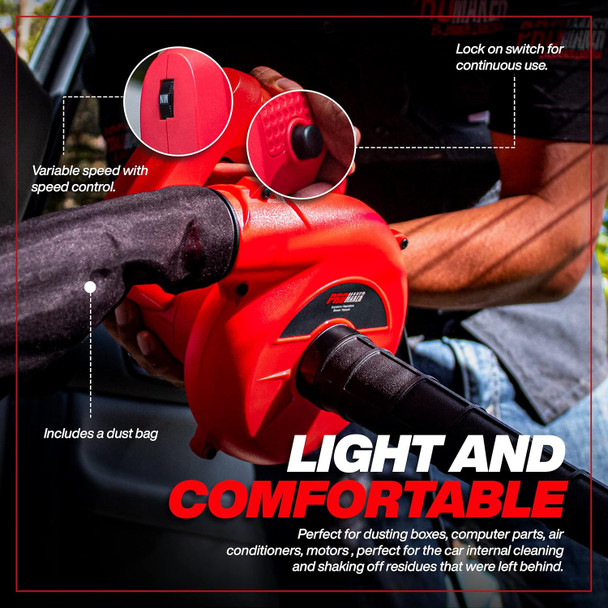 PROMAKER Corded Electric Leaf Blower, Small handheld Blower/Vacuum for home with a variable speed (7 levels of speed) 2 in 1, Air Duster with a dust bag for Computer/Leaf/Dusting 400W 120V PRO-SP400. PROMAKER Corded Electric Leaf Blower, Small handheld Blower/Vacuum for home with a variable speed (7 levels of speed) 2 in 1, Air Duster with a dust bag for Computer/Leaf/Dusting 400W 120V PRO-SP400.