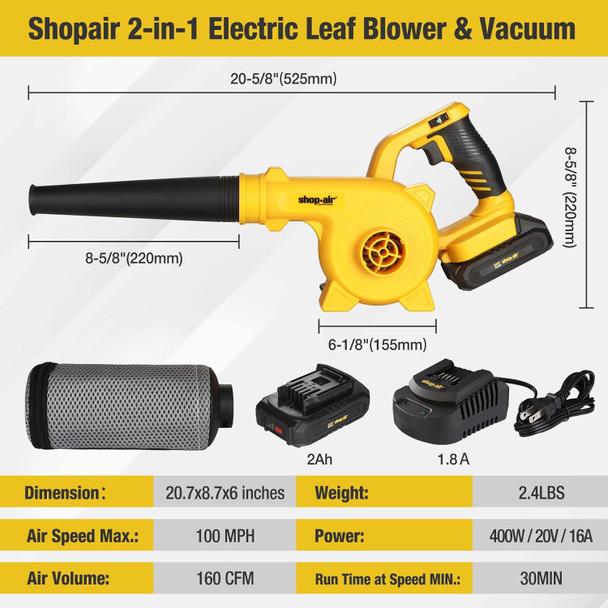 SHOP·AIR 20V Cordless Leaf Blower, 450CFM/110MPH Brushless Blower with Variable Speed, Lightweight for Lawn Care Snow Blowing Yard Cleaning, 4.0Ah Battery (Quick Charger Included)