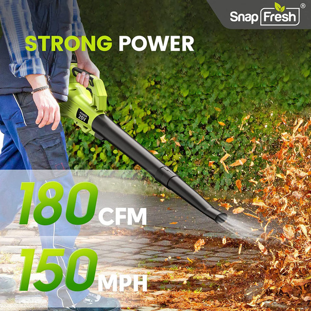 SnapFresh Leaf Blower - 20V (180 CFM / 150 MPH) Leaf Blower Cordless with Battery & Charger, Free Control Speed, 2 Section Tubes, Lightweight, Electric Leaf Blower for Lawn Care, Patio & Garage SnapFresh Leaf Blower - 20V (180 CFM / 150 MPH) Leaf Blower Cordless with Battery & Charger, Free Control Speed, 2 Section Tubes, Lightweight, Electric Leaf Blower for Lawn Care, Patio & Garage