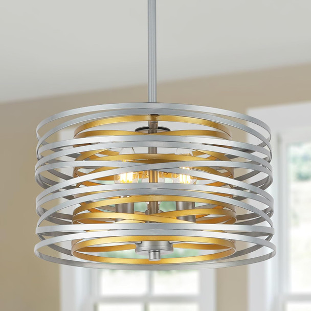 12.6'' Drum Pendant Light Fixture Hanging, Retro Semi Flush Mount Chandelier, Silver Chandeliers For Dining Room Bedroom Stairwell Breakfast Area, Silver With Gold Interior