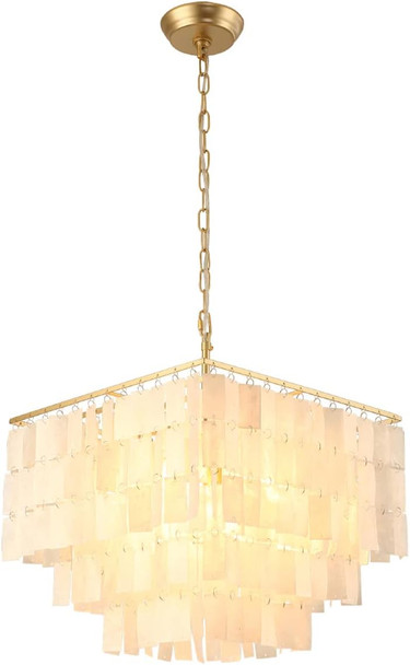Aero Snail 3-Light Chandelier Rectangle Natural Capiz Seashells Tiers Antique Gold Square Frame Flush Mount Pendant Light, W16 X H14.5