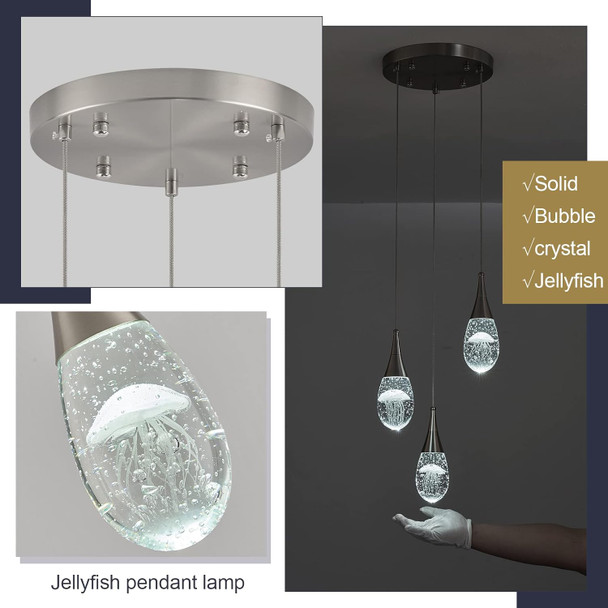 3 Lights Crystal Pendant Light, 15W Modern Nickel Dimmable Led Teardrop Chandelier Cluster Pendant Light For Kitchen Island Dining Room Hallway Bathroom 6000K Cool White