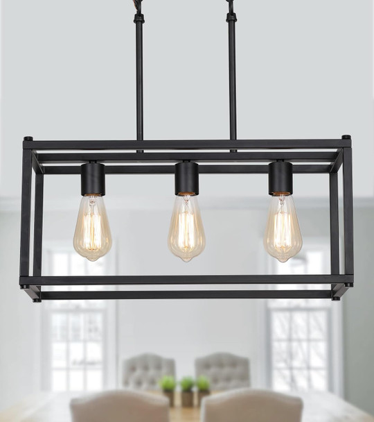 Amzasa 3-Light Black Linear Chandelier Modern Rectangle Farmhouse Dining Room Light Fixture For Kitchen Island Bar Ul Listed