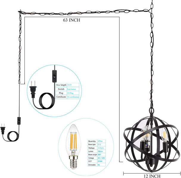 3 Light Chandelier Plug In Pendant Hanging Light Globe Swag Black Iron Lamp Chain Adjustable 15 Ft Cord On/Off Switch For Hallway Entryway Bedroom Balcony Kitchen Island Foyer