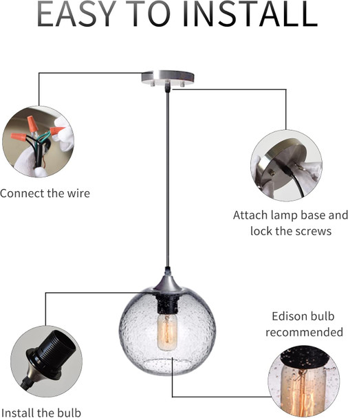 Ariamotion Pendant Lights Kitchen Island 3 Pack Hand Blown Glass Modern Farmhouse Lighting Clear Seeded Bubbles Dining Room Table Coffee Bar Counter Brushed Nickel Globe Shape 7.5 Inch Diam