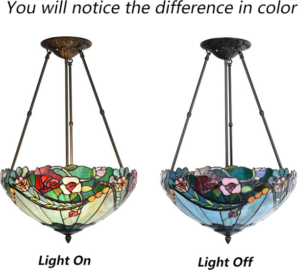 Bieye L10741 Rose Flower Tiffany Style Stained Glass Ceiling Pendant Light With 18-Inch Wide Lampshade, 3 Lights