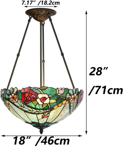 Bieye L10741 Rose Flower Tiffany Style Stained Glass Ceiling Pendant Light With 18-Inch Wide Lampshade, 3 Lights