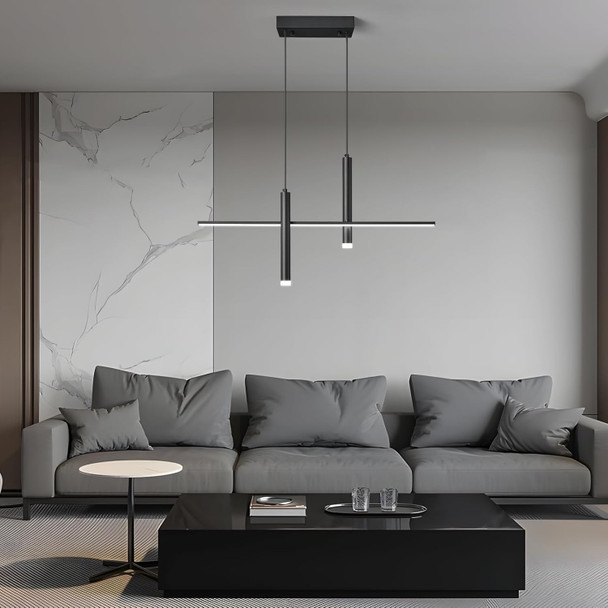 Modern Led Linear Pendant Light With Dual Spotlights Dimmable 6000K Pendant Lights Kitchen Island Ceiling Hanging Black Chandeliers For Dining Room Table Kitchen Living Room Bedroom(L31.5In)