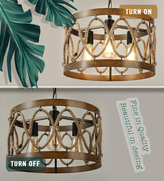3-Light Rustic Dining Room Light Fixtures Over Table, Retro Rattan Hemp And Wood Grain Drum Chandeliers Vintage Lighting Semi Flush Mount Ceiling Hanging Lights For Cabin Cottage Kitchen