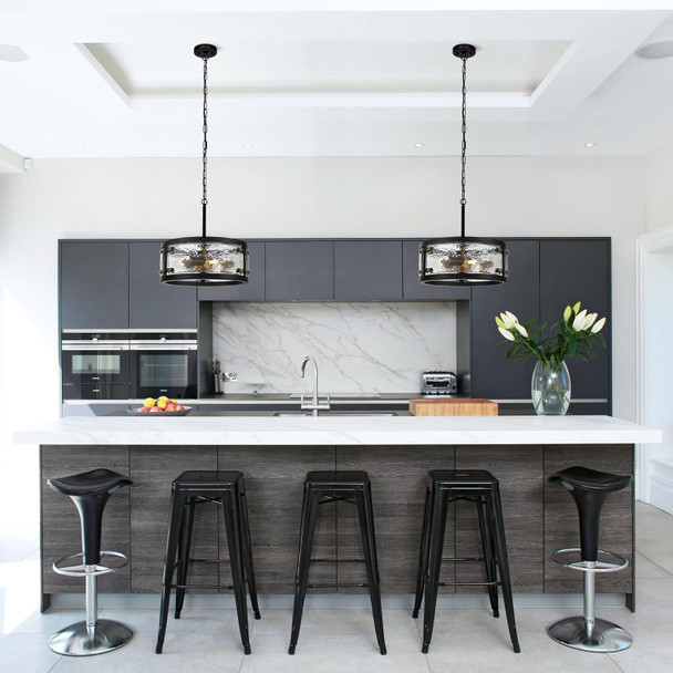 13" Industrial Drum Glass Chandelier, 3-Light Rustic Hanging Pendant Lights, Metal Round Lighting Fixture For Dining Room Foyer Entryway Hallway Bedroom, Clear Waterglass Drum Shade