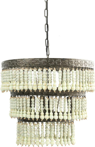 Creative Co-Op 3-Tier Round Metal Chandelier With 3 Hanging Wood Beads Ceiling, Light Green