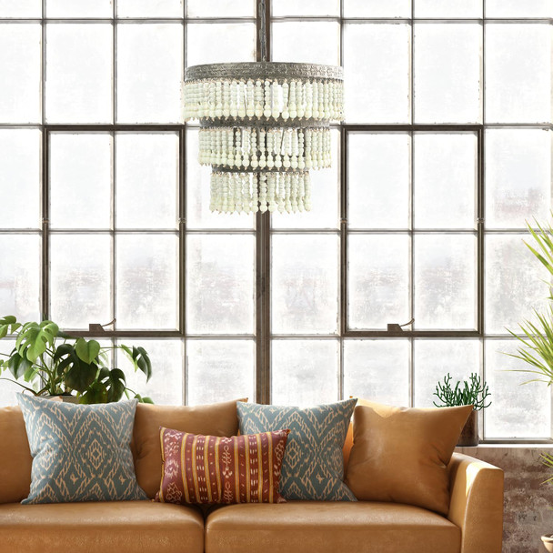 Creative Co-Op 3-Tier Round Metal Chandelier With 3 Hanging Wood Beads Ceiling, Light Green