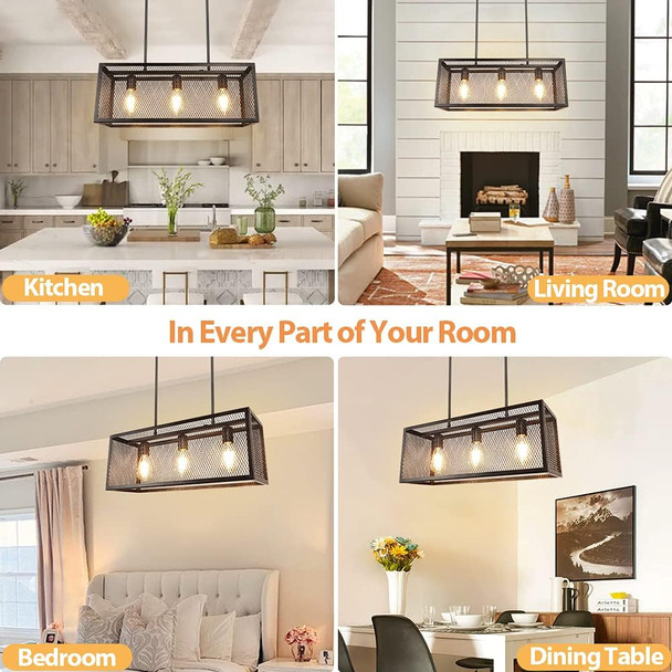 Depuley Industrial Kitchen Island Light Fixture, 3-Light Farmhouse Chandelier, Adjustable Metal Mesh Pendant Light For Dining Room, Living Room, Bar, Restaurant, E26 Bulbs Included, Ul Listed