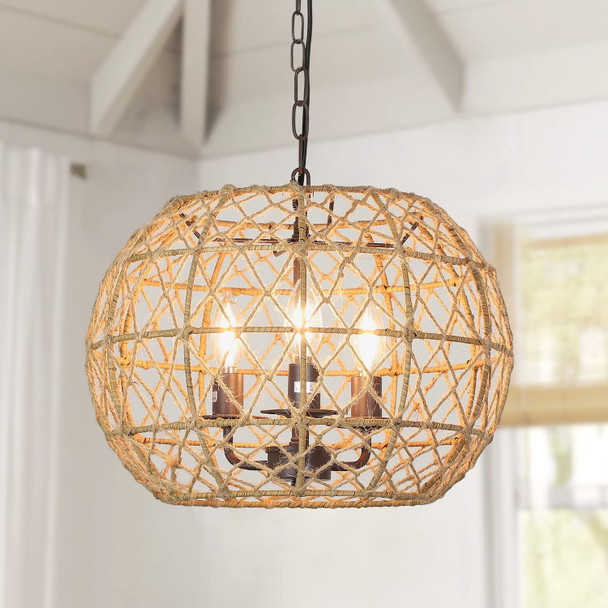 Depuley Rustic Woven Pendant Light, 3-Light Metal Basket Hanging Lights Fixture With Hemp Rope Finish, 39 Inch Adjustable Chain Vintage Chandeliers For Kitchen/Dining Table/Living Room, E12