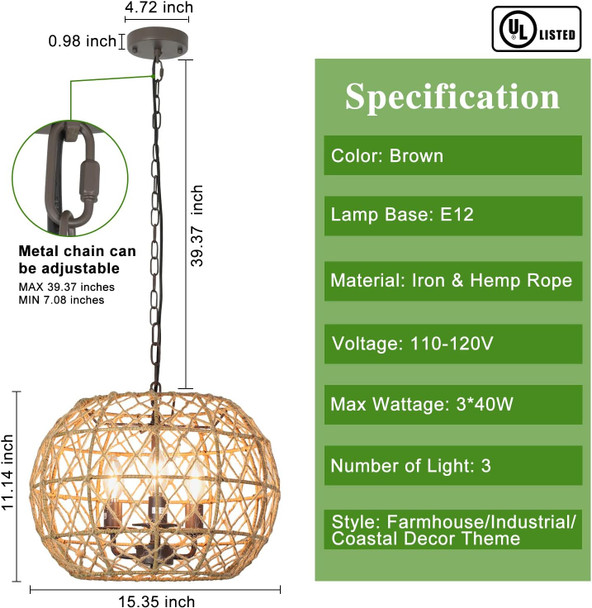 Depuley Rustic Woven Pendant Light, 3-Light Metal Basket Hanging Lights Fixture With Hemp Rope Finish, 39 Inch Adjustable Chain Vintage Chandeliers For Kitchen/Dining Table/Living Room, E12