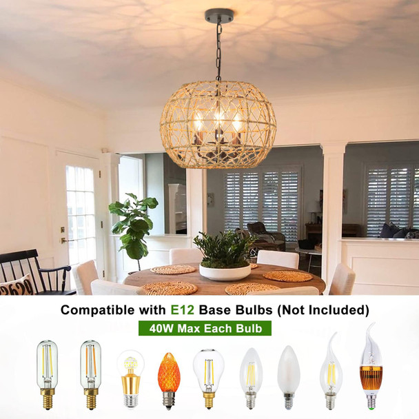 Depuley Rustic Woven Pendant Light, 3-Light Metal Basket Hanging Lights Fixture With Hemp Rope Finish, 39 Inch Adjustable Chain Vintage Chandeliers For Kitchen/Dining Table/Living Room, E12