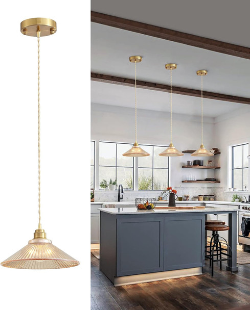 Glod Pendant Light Fixture For Kitchen Island, Modern Hanging Lamp For Dinning Room, Adjustable Hanging Lights With Glass Shade For Bedroom Hallway Bar Shop, Brushed Brass Finish.…