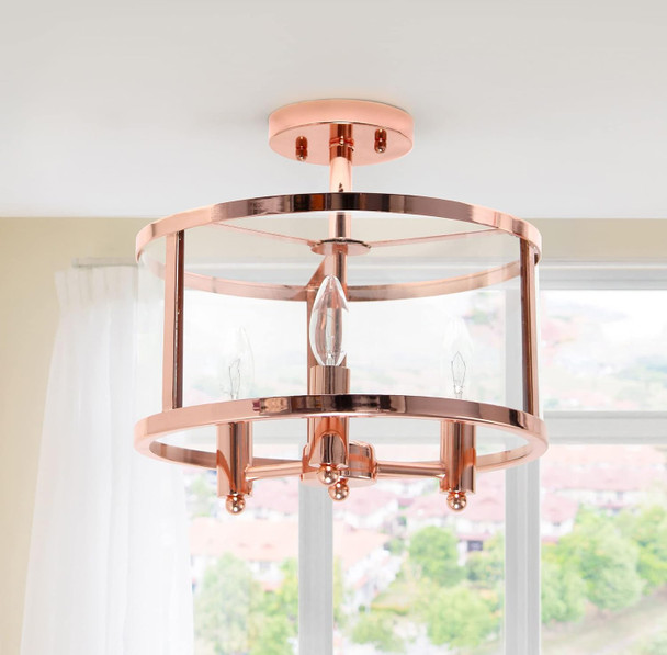Elegant Designs Fm1005-Rgd Medium 13" Iron And Glass Shade Traditional Farmhouse Industrial 3-Light Ceiling Mounted Round Semi-Flushmount For Bedroom Foyer Living Room, Rose Gold