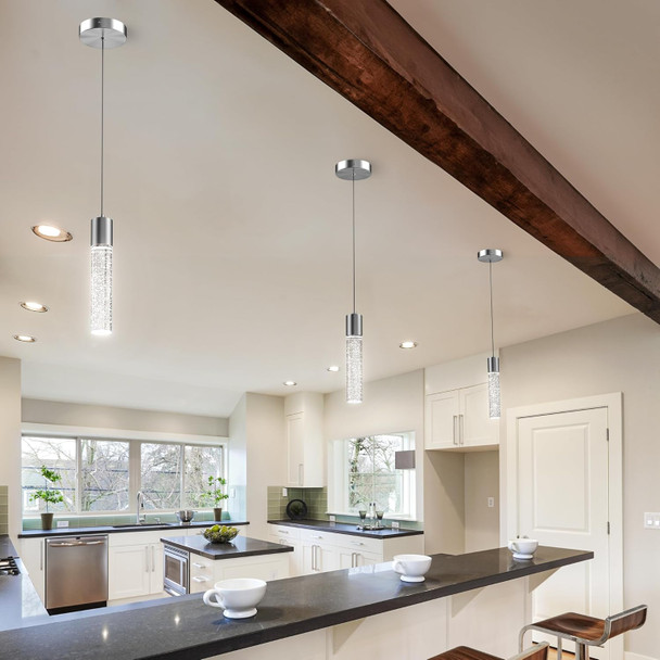 Pendant Lights Kitchen Island 3 Pack, 6500K Modern Kitchen Island Lights Ceiling Lighting Fixtures With Crystal Bubble, Integrated Led Cold White Hanging Light Dining Room Light