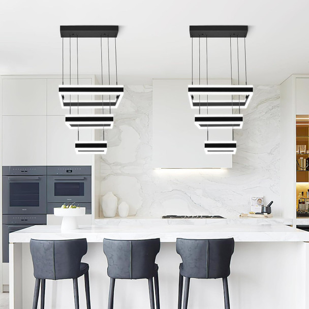 Modern Black Chandelier Foyer Ceiling Chandeliers 90W Dimmable Led Pendant Light Dining Room Light Fixture 3 Rings Square Chandelier For Kitchen Island Living Room Bedroom Hallway