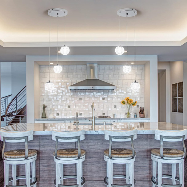 Chromed Crystal Pendant Lights 5000K Daylight White,3-Light Mini Led Modern Brushed Nickel Light Fixtures Ceiling Hanging, Glass Globes Pendant Lighting For Kitchen Island Bedroom Dining Room Foyer