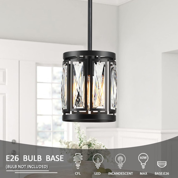 Crystal Pendant Lighting Fixture Matte Black Drum Shade Chandelier,3-Pack Pendant Lights For Kitchen Island Modern Ceiling Lights For Living Room