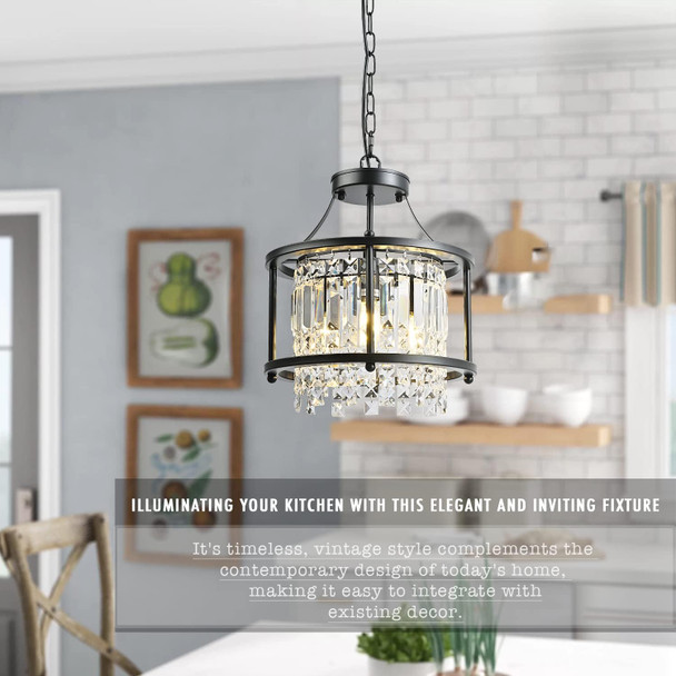 3-Light Farmhouse Semi Flush Mount Ceiling Light Fixture Modern Black Metal Cage Crystal Pendant Lights For Kitchen Dining Room Entrance Foyer Hallway